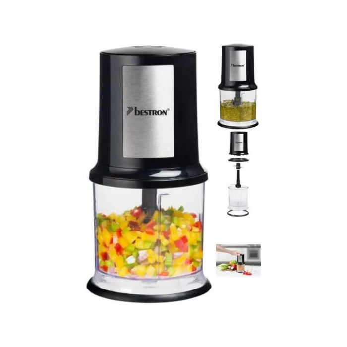 Bestron elektrischer Multi-Zerkleinerer, Universalzerkleinerer mit zwei Schneidemessern & 500ml Kapazität, große Pulstaste, 400 Watt, AKC200, Farbe: Schwarz / Silber